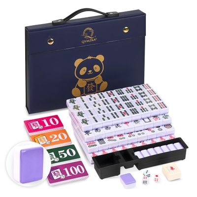 Chinese 1.25"(32MM) Small Purple Mahjong Set with Blue Vinyl Case -152 Melamine Tiles (144 + 8 Blank), Including Dice, Wind indicator,Chips & Mahjong Mat (Majiang)-Collector's Edition for Game Night