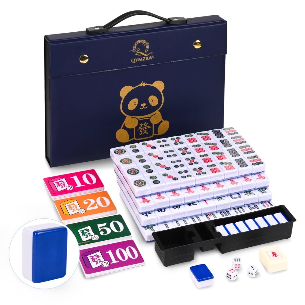 Chinese 1.25"(32MM) Small Royal Azure Mahjong Set with Blue Vinyl Case -152 Melamine Tiles (144 + 8 Blank), Including Dice,Wind indicator,Chips&Mahjong Mat (Majiang)-Collector's Edition for Game Night
