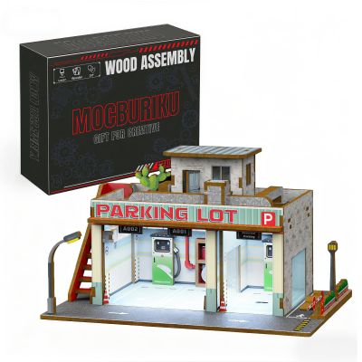 MOCBURIKU 1/64 Scale Diecast Car Display Garage, Compatible with Hot Wheels, 98pcs Wooden Diorama with LED Lights (Parking Lot)