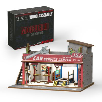MOCBURIKU 1/64 Scale Wooden Diorama Display Case with LED Lights, Diecast Car Storage Garage for Hot Wheels Matchbox Display, Holds 4 Model Cars, 139PCS (Auto Repair Shop)