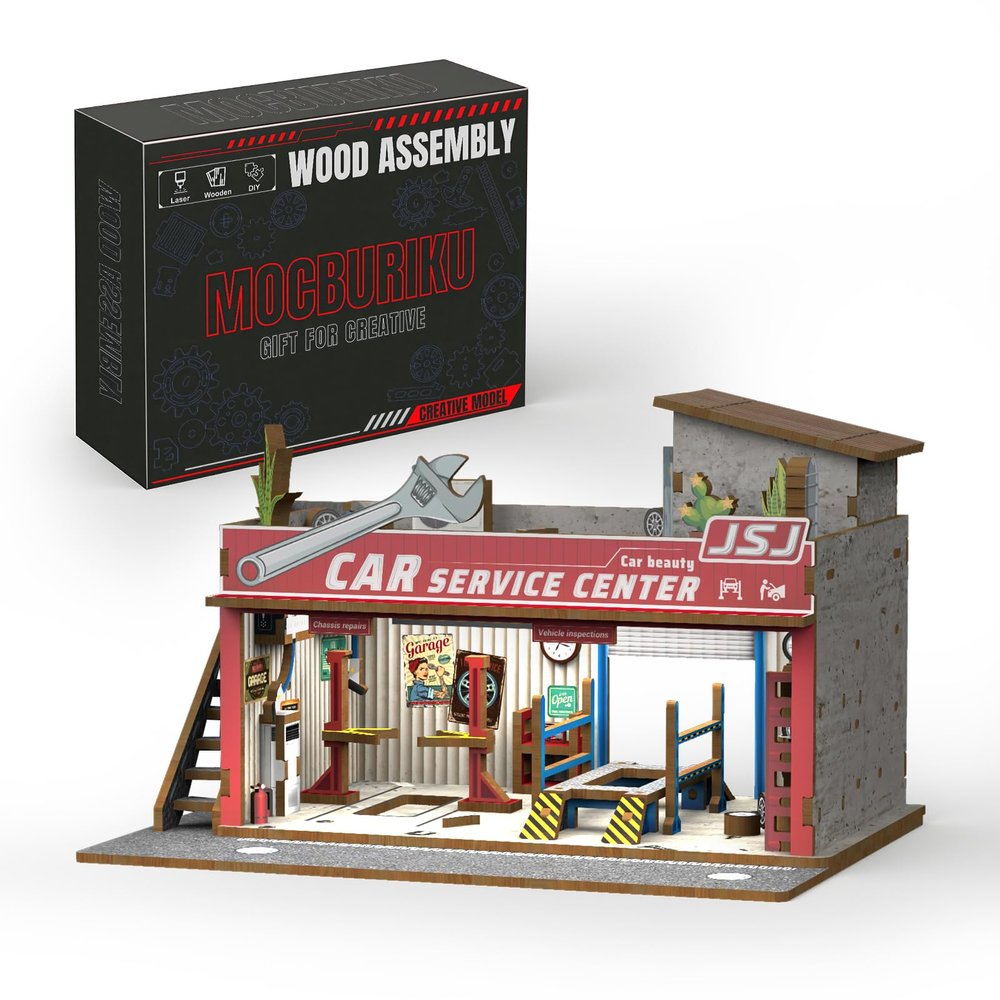 MOCBURIKU 1/64 Scale Wooden Diorama Display Case with LED Lights, Diecast Car Storage Garage for Hot Wheels Matchbox Display, Holds 4 Model Cars, 139PCS (Auto Repair Shop)