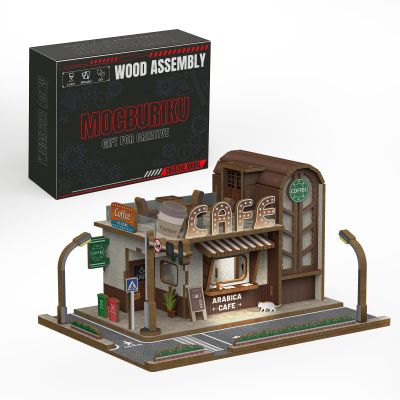 MOCBURIKU Wooden Coffee Shop Diorama Kit for 1/64 Diecast Cars, 109Pcs DIY Display Case Garage with LED Lights, 2-Hour Assembly (Coffee Shop)