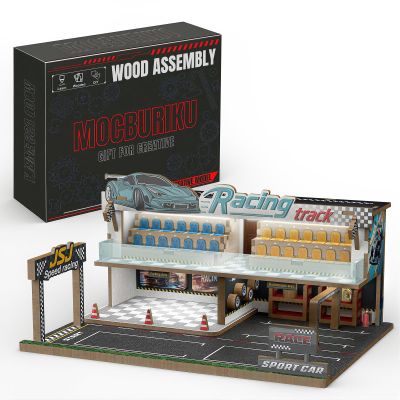 MOCBURIKU 1/64 Scale Diecast Car Diorama, 67pcs Wooden Display Case Garage for Hot Wheels with LED Light, Showcases 5 Model Cars (Racetrack)