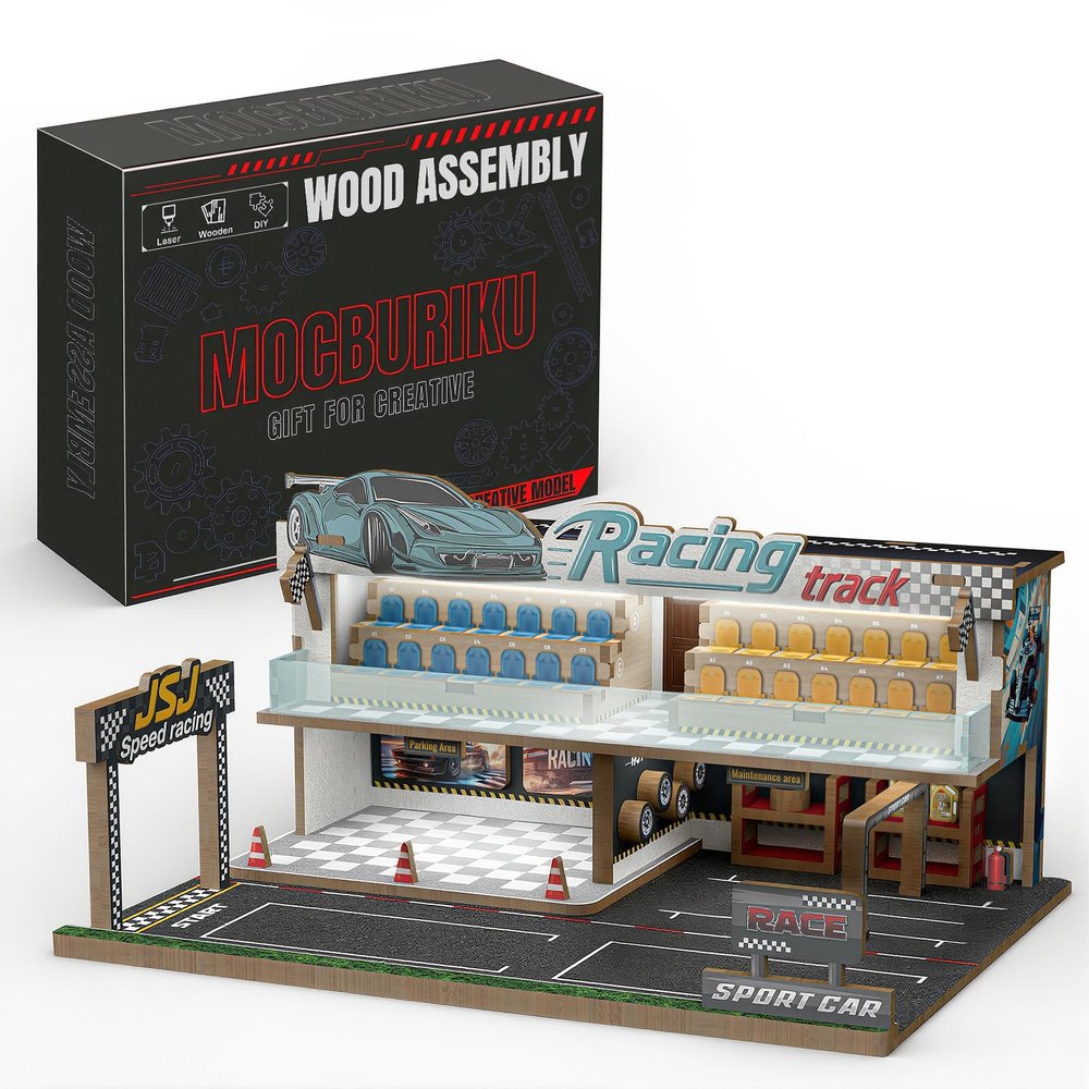 MOCBURIKU 1/64 Scale Diecast Car Diorama, 67pcs Wooden Display Case Garage for Hot Wheels with LED Light, Showcases 5 Model Cars (Racetrack)