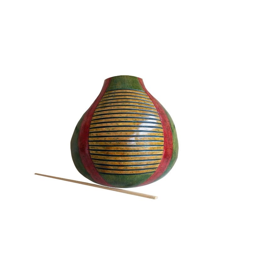 Artisan Hand-Carved Gourd Giro - Green, Red & Natural Finish - Unique Latin American Percussion Instrument