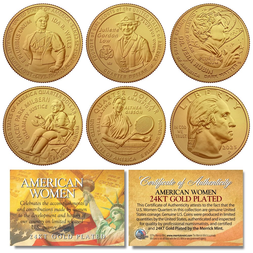 2025 Gold Plated American Women Quarters U.S. Mint 5-Coin Full Set with Certificate