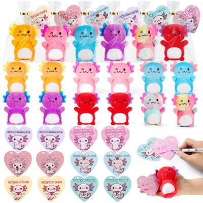 12Pcs Valentines Day Gifts for Kids,Valentines Day Cards with Axolotol Stuffed Animal Gifts,4 Axolotl Plush Toys,Mini Stuffed Animals Set for Boys Girls Classroom Exchange School Party Favors