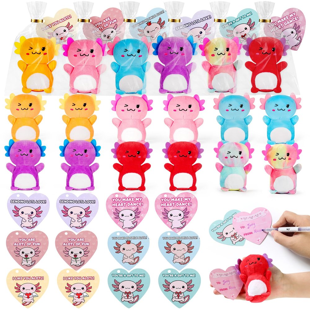 12Pcs Valentines Day Gifts for Kids,Valentines Day Cards with Axolotol Stuffed Animal Gifts,4 Axolotl Plush Toys,Mini Stuffed Animals Set for Boys Girls Classroom Exchange School Party Favors