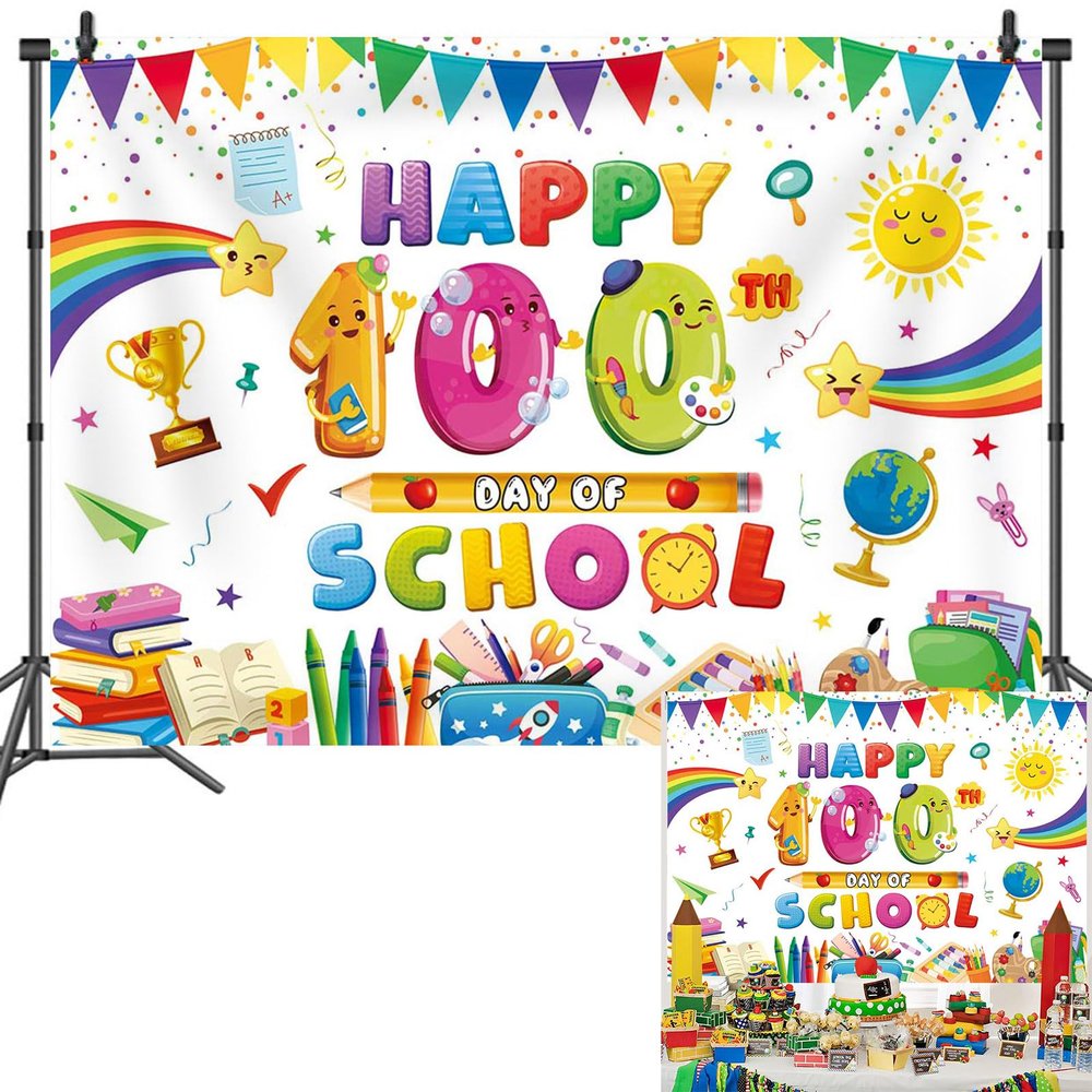100th Day of School Backdrop Banner Colorful Happy 100th Day of School Photography Background Kids School Classroom Party Decorations Banner Booth Props (7x5FT(82 x 59 inch))