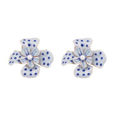 4.4 * 4.1cm Retro Alloy Floral Enamel Pearl Inlaid Earrings For Women,blue,4.4 * 4.1cm