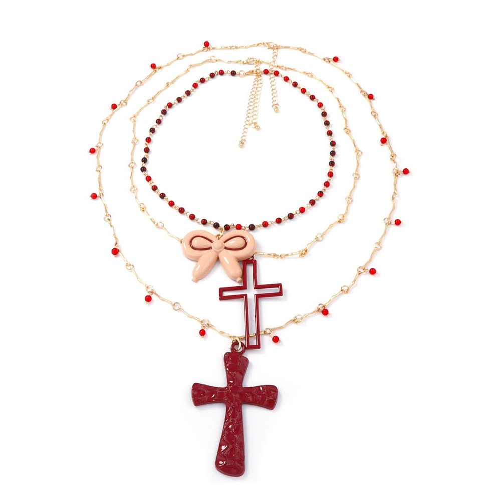 Bohemian Multi-Layer Stacked Alloy Cross Pendant Necklace,red,80+7cm