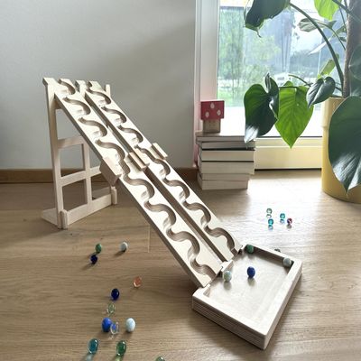 2 Piece Marble Track Set, 2 Winding Tracks, 2 Obstacle Tracks Including Race Tower, Collection Tray, Wooden Marble Track