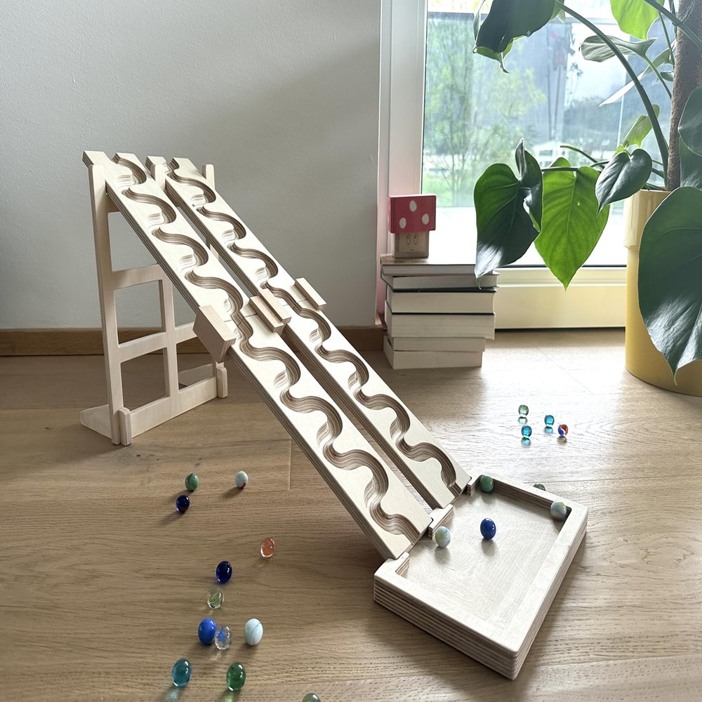 2 Piece Marble Track Set, 2 Winding Tracks, 2 Obstacle Tracks Including Race Tower, Collection Tray, Wooden Marble Track