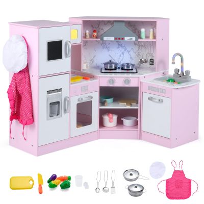 Costzon Kids Kitchen Playset, Little Chef Pretend Cooking Toy w/Light & Sound, Washing Basin, Microwave, Blackboard, Ice Maker, Range Hood, Stove, 2-Piece Corner Wooden Play Kitchen for Kids 3+ (Pink)
