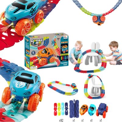 Montessori Track - Ultra-Flexible Machine Track,Montessori Track Flexible Track, LED Light-Up Magic Car Track Set, DIY Car Track Set Toys for Kids Gifts (92Pcs)