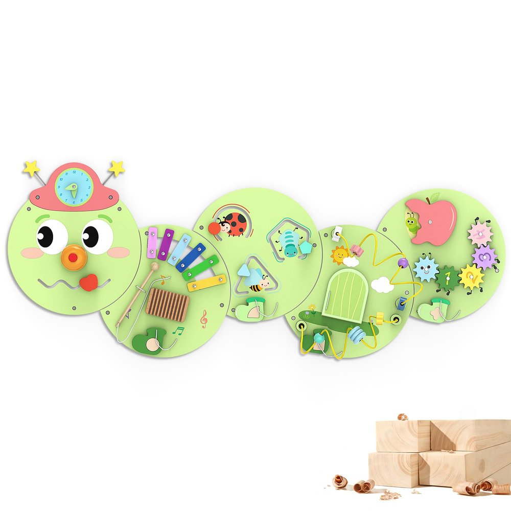 BlueWood Wooden Wall Busy Board Panels, Toddler Learning Activity Center, Montessori Philosophy Sensory, Educational Toys, Conducive to All-Round Development - Caterpillar