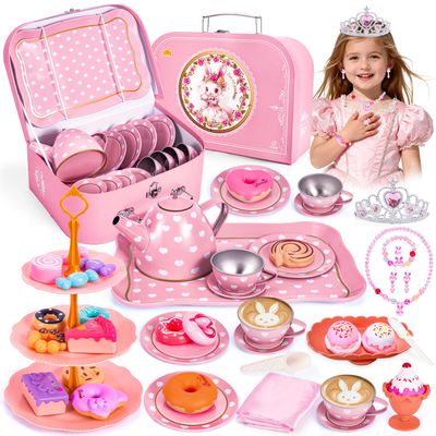 Hohosunlar Tea Party Set for Little Girls, Princess Tea Time Toy for Toddler, Tin Tea Set Include Tea Cups Teapot Dessert Kitchen Pretend Play with Carrying Case, Easter Birthday Gift for Kids Age 3-8