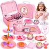 Hohosunlar Tea Party Set for Little Girls, Princess Tea Time Toy for Toddler, Tin Tea Set Include Tea Cups Teapot Dessert Kitchen Pretend Play with Carrying Case, Easter Birthday Gift for Kids Age 3-8 view 1