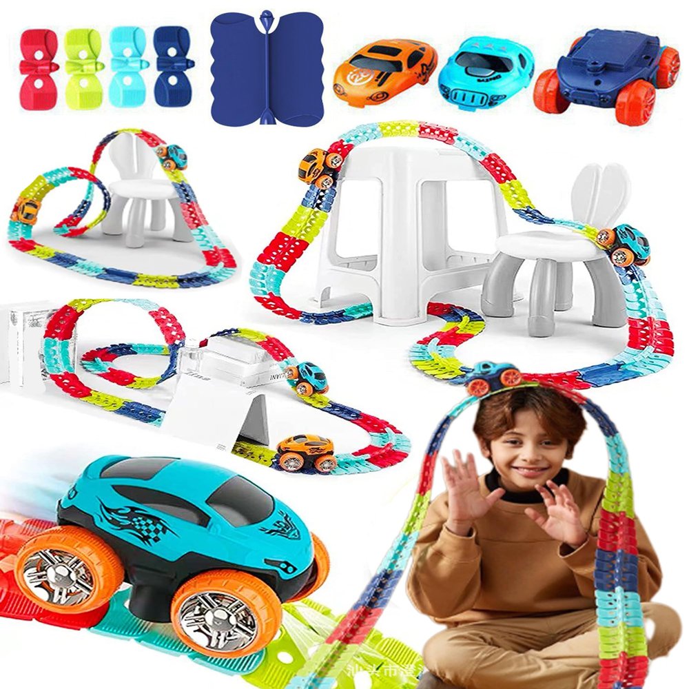 Montessori Track  Ultra-Flexible Machine Track, 184 PCS Glow in The Dark Race Track Set with LED Light-Up Car, DIY Rolling Car Track Creative Race Car Toy for Kids 312 (184 pcs, Glow-in-The-Dark)