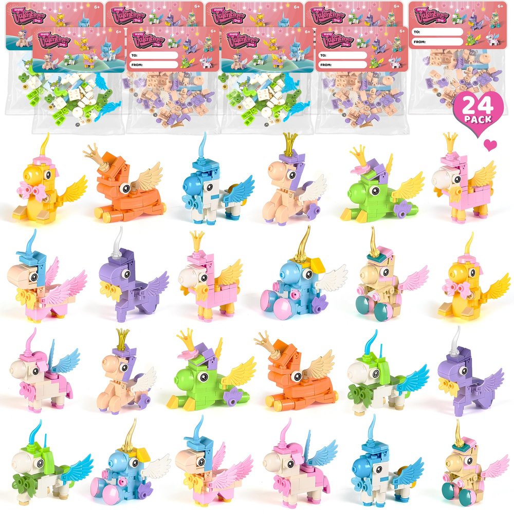 24 Pack Valentines Day Gifts for Kids  Unicorn Building Set & Cards  Valentines Party Favors for Classroom Exchange, STEM School Prizes, Bulk Non-Candy Goodie Bag Fillers, Boys & Girls Ages 6+