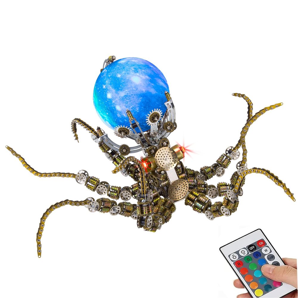 3D Metal Puzzle for Adults, DIY Mechanical Assembly Octopus Metal Model Kits with Star Colors Lamps 3D Jigsaw Puzzles Desk Ornament
