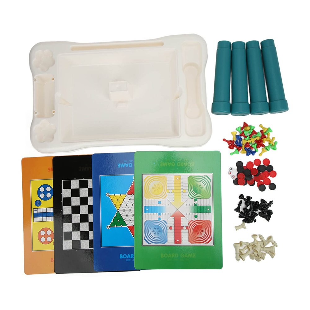 8 in 1 Board Game Set with Chess Draughts Portable Children Square Board Game Table for Ages 3 and UP Plastic Material Includes 4 Double Sided Game Boards and 32 Checkers