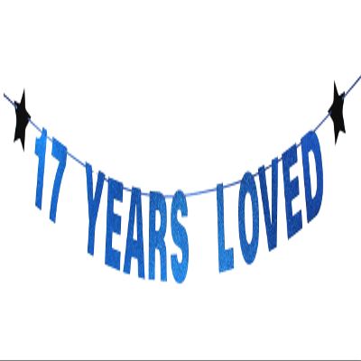 zxyxka 17 Years Loved Banner Cheers To 17 Years Sign Blue Glitter for 17th Birthday Party Decorations Anniversary Decor Bunting Photo Booth Props