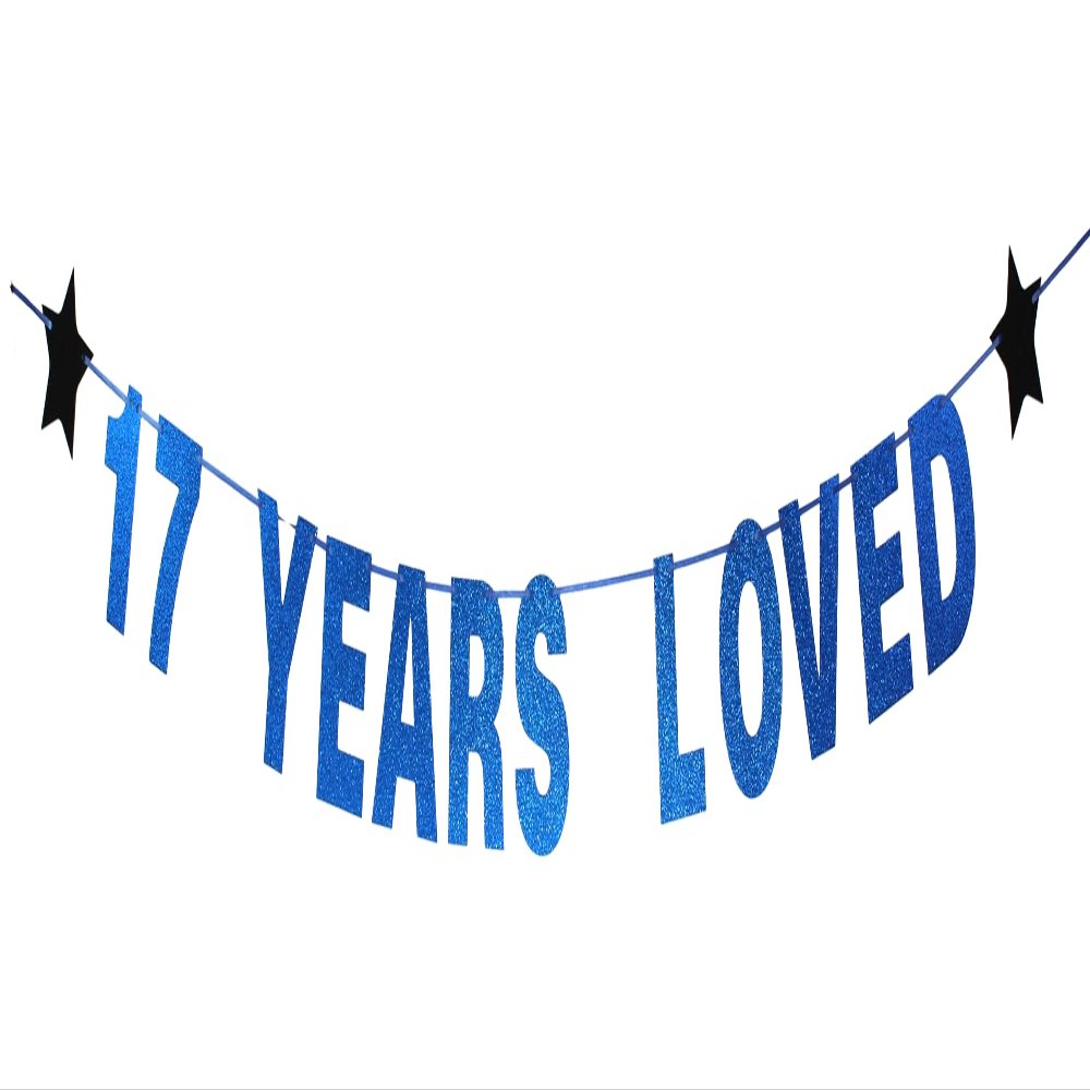 zxyxka 17 Years Loved Banner Cheers To 17 Years Sign Blue Glitter for 17th Birthday Party Decorations Anniversary Decor Bunting Photo Booth Props