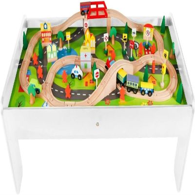 Wooden Train Toy Play Set, Toddlers Reversible Activity Table - 90 Multiple Pieces Tracks, Train, Railway, City Detachable Tabletop Kids Age 3+ Birthday Gift for Boys and Girls