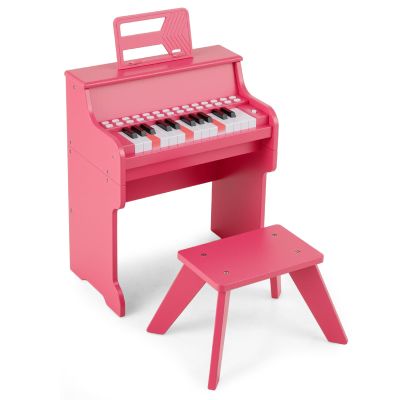 Costzon 25 Keys Kids Piano Keyboard, Mini Digital Piano Wooden Toy w/ Adjustable Speed & Volume, Teaching Mode, Removable Music Stand, Educational Music Instrument for Kids Aged 3+ (Pink,with Stool)