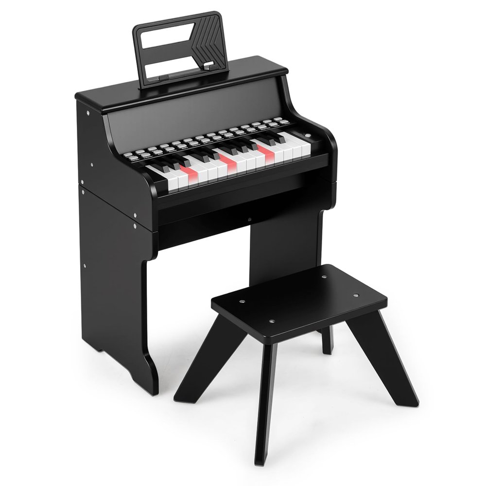 Costzon 25 Keys Kids Piano Keyboard, Mini Digital Piano Wooden Toy w/ Adjustable Speed & Volume, Teaching Mode, Removable Music Stand, Educational Music Instrument for Kids Aged 3+ (Black,with Stool)