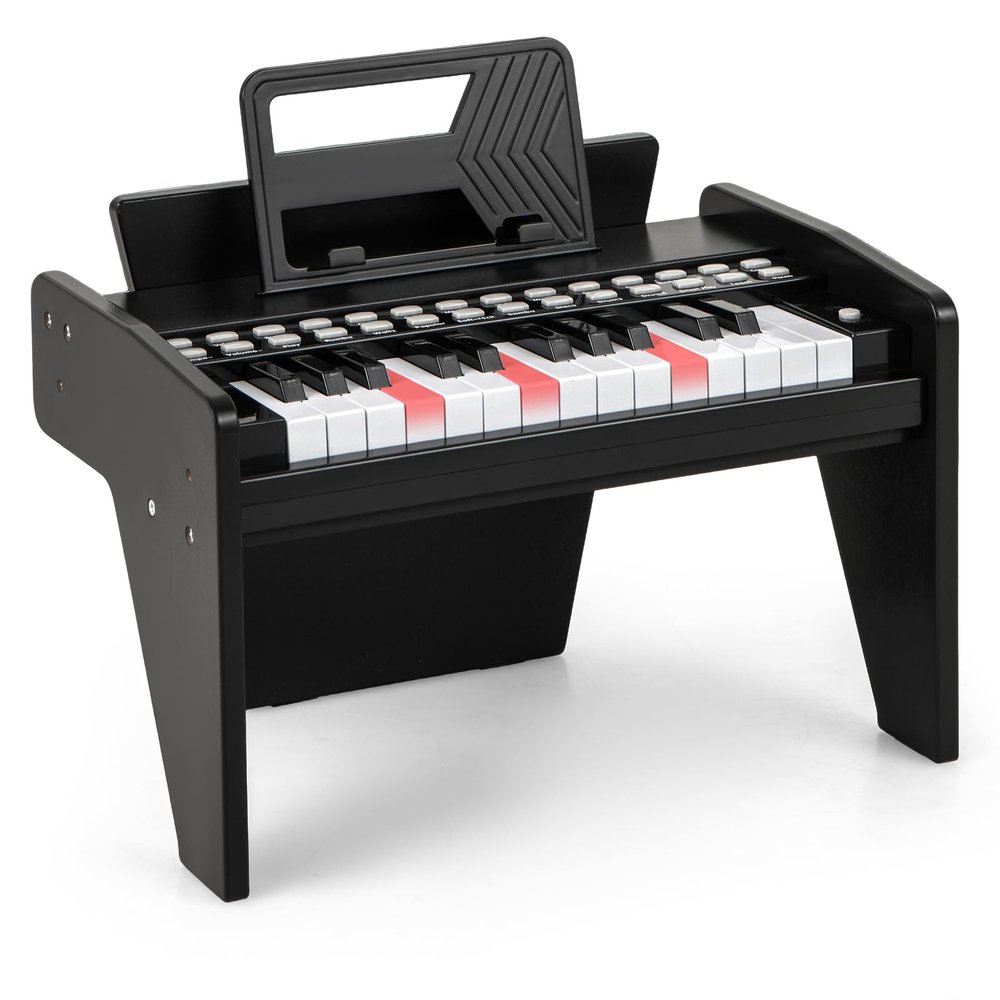Costzon 25 Keys Kids Piano Keyboard, Mini Digital Piano Wooden Toy w/ Adjustable Speed & Volume, Teaching Mode, Removable Music Stand, Educational Music Instrument for Kids Aged 3+ (Black,Triangular)