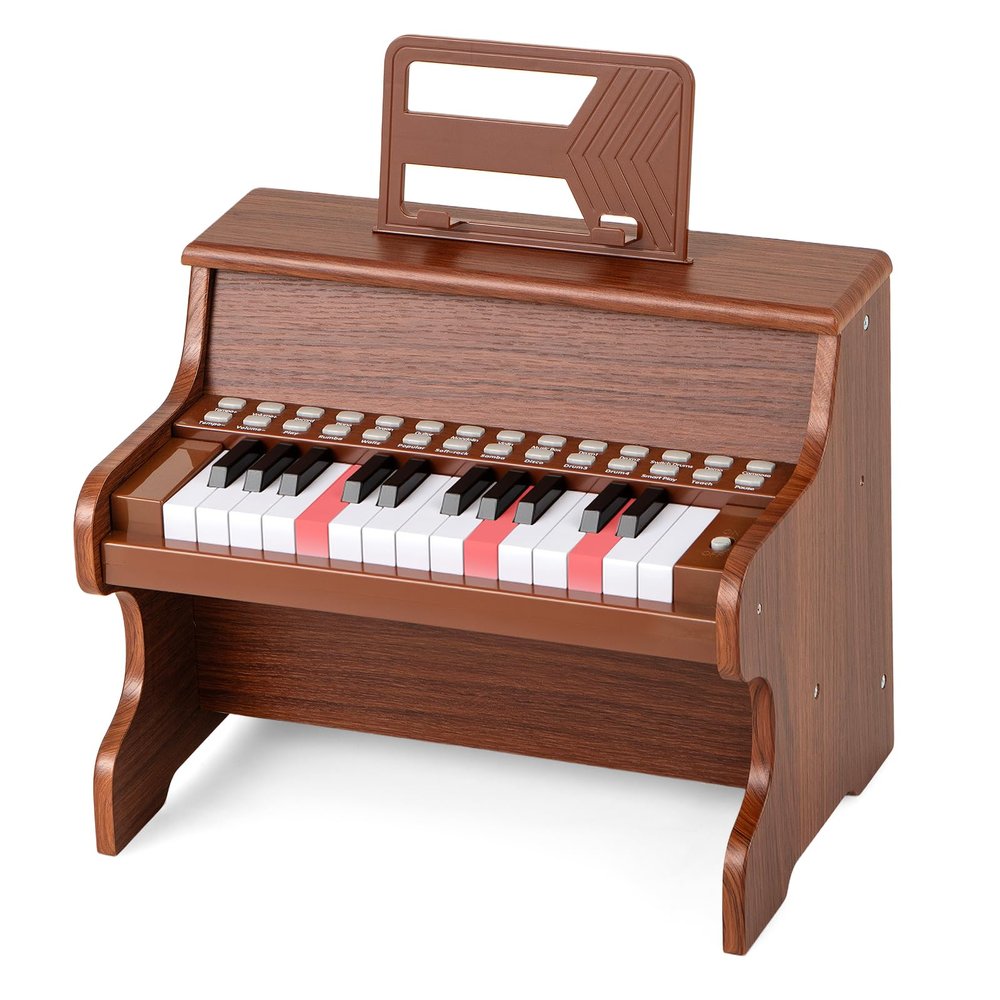 Costzon 25 Keys Kids Piano Keyboard, Mini Digital Piano Wooden Toy w/ Adjustable Speed & Volume, Teaching Mode, Removable Music Stand, Educational Music Instrument for Kids Aged 3+ (Brown,Upright)