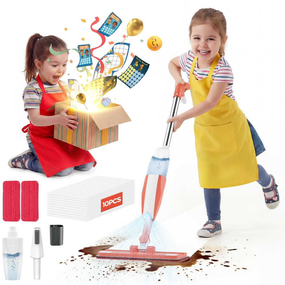 Matscover Kids Spray Mop - Chores Chart Set Montessori Cleaning Set Toy with Real Water Sprayer 2PCS Washable Pads and 10PCS Disposable Mop Pads for Ages 3-8 (Pink)