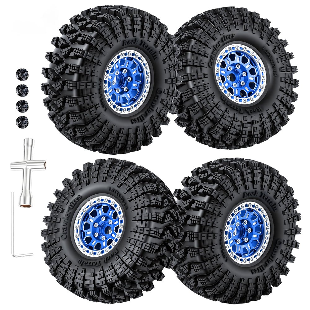 4PCS 1.9Inch Beadlock Honeycomb Rims and Voodoo Tire Set for 1/10 TRX4 TRX6 SCX10 RC Crawler Car (Blue)