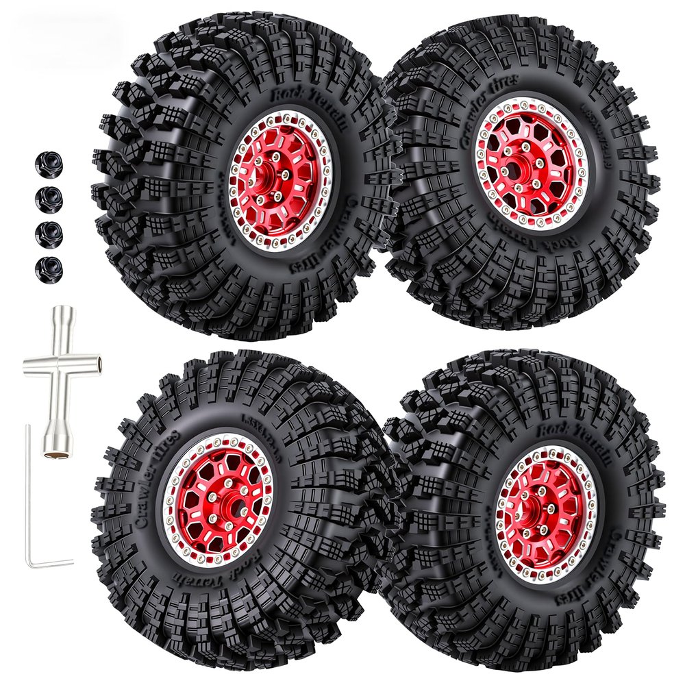 4PCS 1.9Inch Beadlock Honeycomb Rims and Voodoo Tire Set for 1/10 TRX4 TRX6 SCX10 RC Crawler Car (Red)