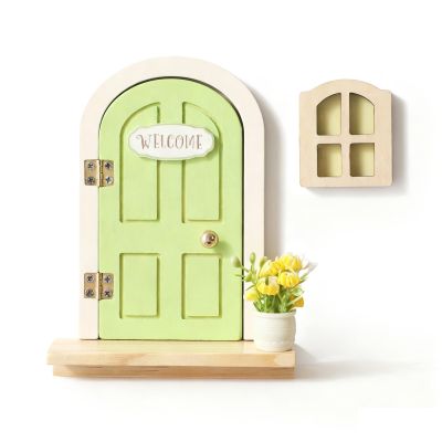 Mamimami Home Green Balcony Little Magical Fairy Door with Base, 13cm 5.12 inch Elf Miniature Tiny Door with Flowerpot and Window, Tooth Fairy Door Handmade Christmas Decorations