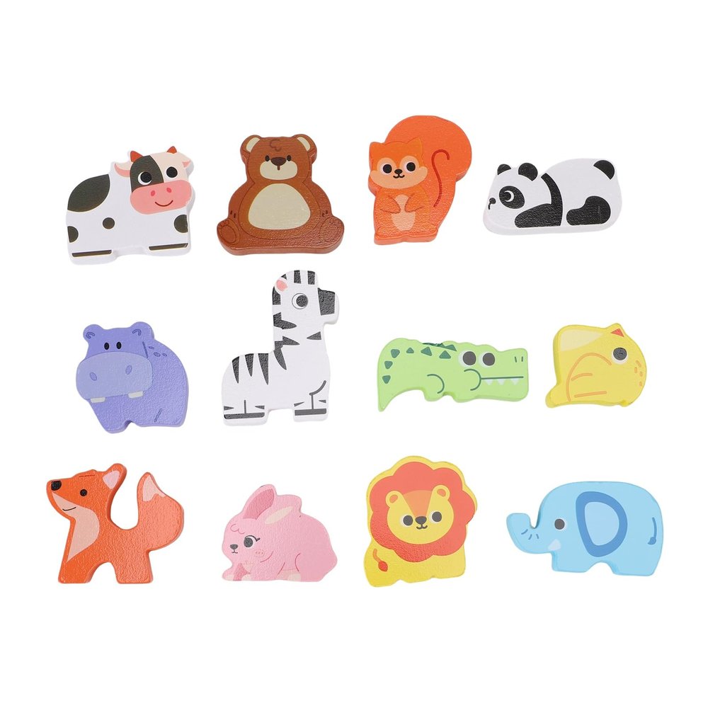 Aqur2020 Wooden Block Toys, Rubber Wood, 12 Blocks, Animals Theme, Non-Paint, 6.1x6.1 Inches, with Storage Box