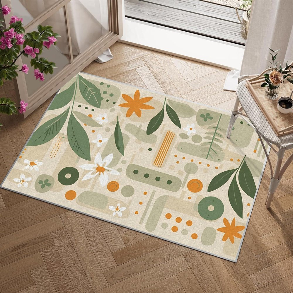 Abstract 5x7 Rug - Jungle Rug 5x8 - Floral Area Rug for Bedroom Living, Green Carpet, Washable & Non Slip & Soft Low Pile Indoor Large Rugs for Women Teens - BA221