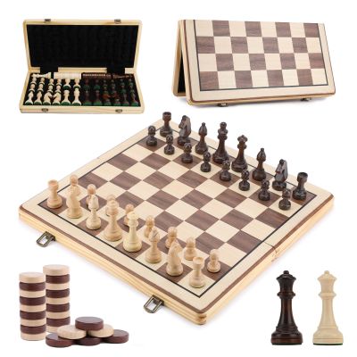 15 Inch Wooden Chess Set with Folding Board and Chess Piece Storage Slot, Handmade Portable Travel Chess Game Sets for Kids Adults Beginner and Pros, Non-Magnetic, 2 Extra Queens