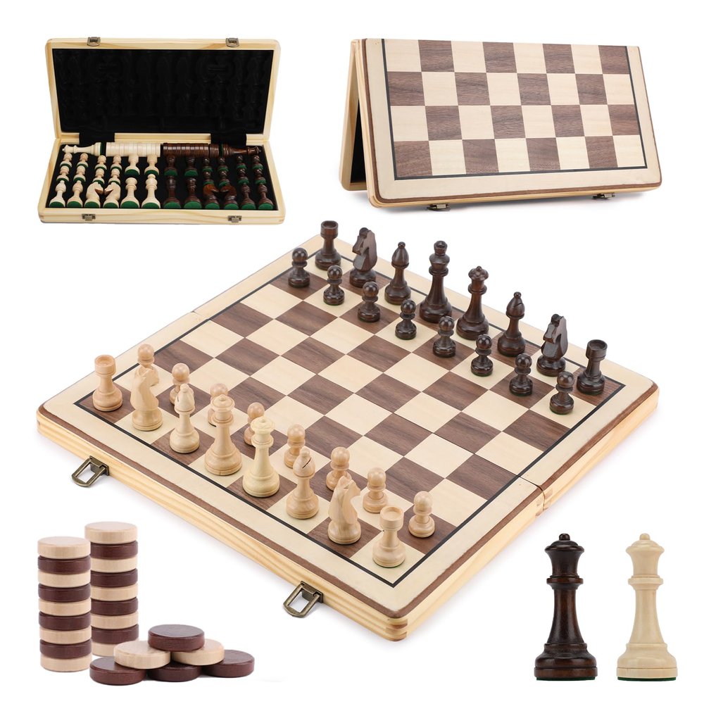 15 Inch Wooden Chess Set with Folding Board and Chess Piece Storage Slot, Handmade Portable Travel Chess Game Sets for Kids Adults Beginner and Pros, Non-Magnetic, 2 Extra Queens