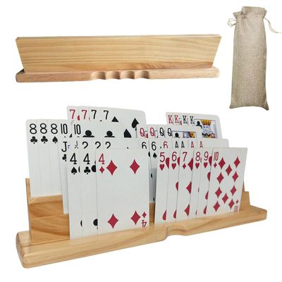 2PCS Card Holder Playing Cards 4-Slot Wooden Card Holder Playing Cards with Storage Bag Wooden Card Holders for Playing Card for Canasta and Bridge, Hands-Free Playing Card Holders for Adults, Kids, Seniors