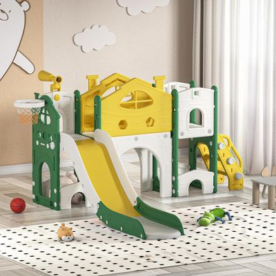 8 in 1 Toddler Slide, Kids Slide with Stairs, Tunnel, Telescope, Storage & Ball, Outdoor Indoor Playground for Ages 1-6, Yellow