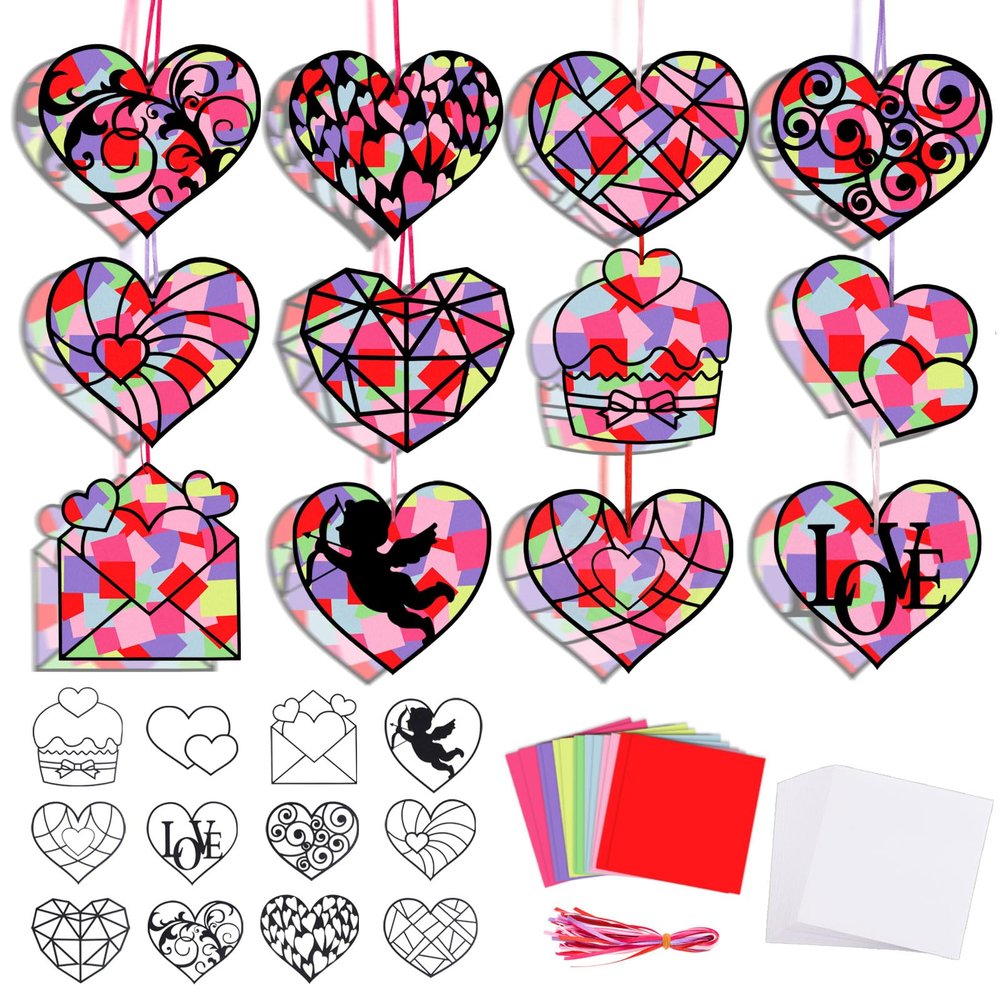 36Pcs Valentines Heart Paper Suncatcher for Kids, Stained Glass Effect Heart Suncatchers Hearts Shaped Tissue Paper Craft DIY Window Art, Classroom Art Craft, Valentines Day Party Game Supplies