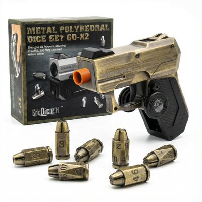 7 Piece Metal Polyhedral Bullet Dice Set with Shooting & Fidget Modes, Pistol Shaped Case & Bullet Dice for Cyberpunk Style Tabletop RPG Dice, Fidget Toy for Stress Relief (Golden)