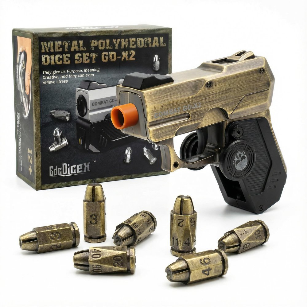 7 Piece Metal Polyhedral Bullet Dice Set with Shooting & Fidget Modes, Pistol Shaped Case & Bullet Dice for Cyberpunk Style Tabletop RPG Dice, Fidget Toy for Stress Relief (Golden)