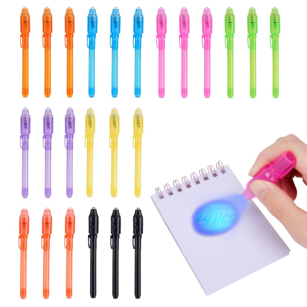 QANIY Bulk Invisible Ink Pens for Kids (24 Pcs) with UV Light, Spy Kit Secret Message Markers, Summer Camp Activities & Road Trip Toys, Back to School Classroom Prizes & Party Favors