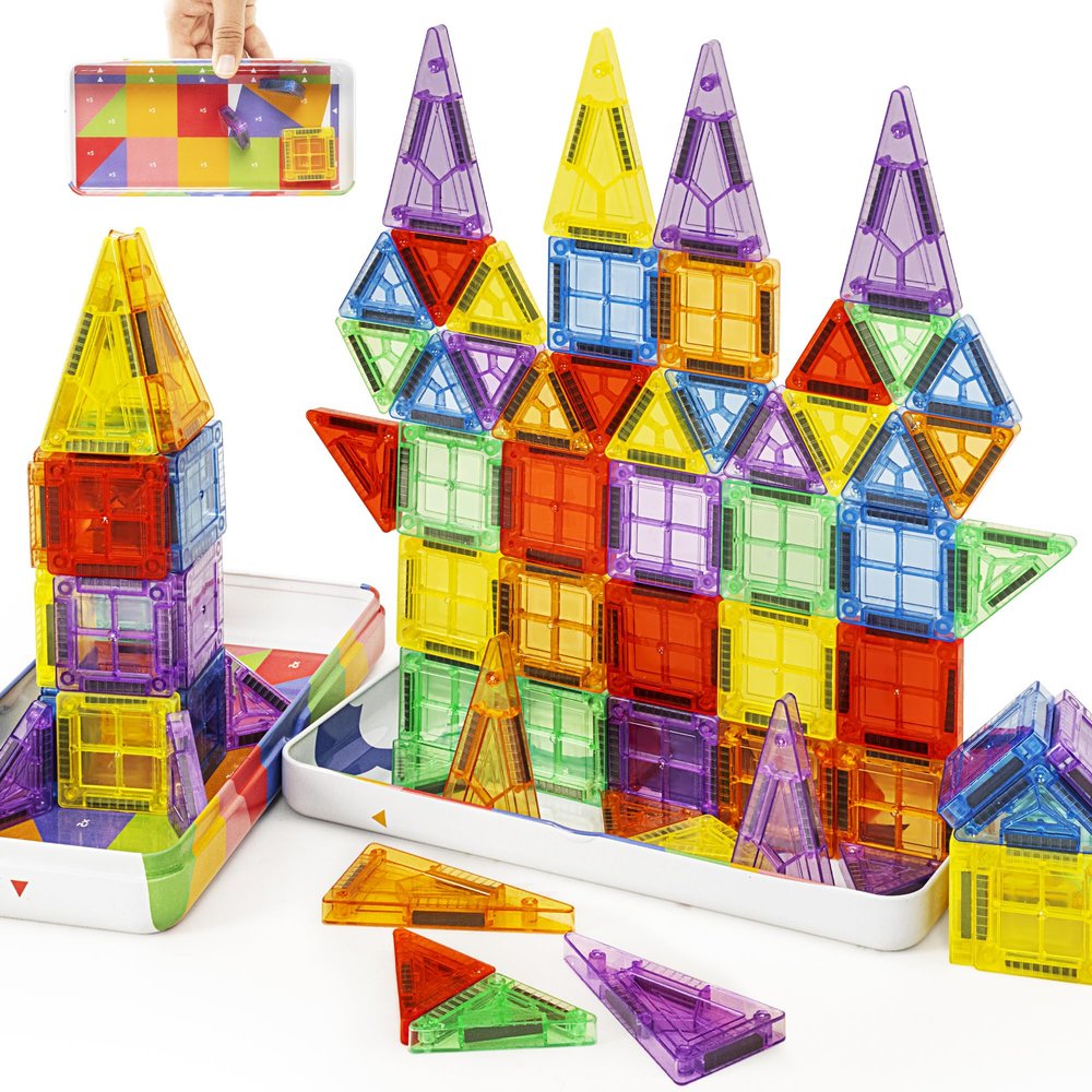 cossy Mini Magnetic Tiles, 80 PCS Magnet Tiles Travel Magnetic Tiles with Iron Box and Storage Guide, Travel Toys for Long Trip and Restaurant, STEM Learning & Creative Building & Educational Toys