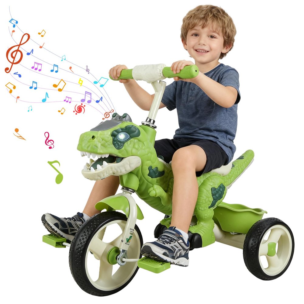 Kids Tricycle, Dinosaur Toys Trike Bike with Safe Anti-Rollover Design, Music, Storage Basket, Big Wheels & LED Lights, Toddler Ride on Toys, Bicicletas para Nios De 3 Aos a 6 (Green)