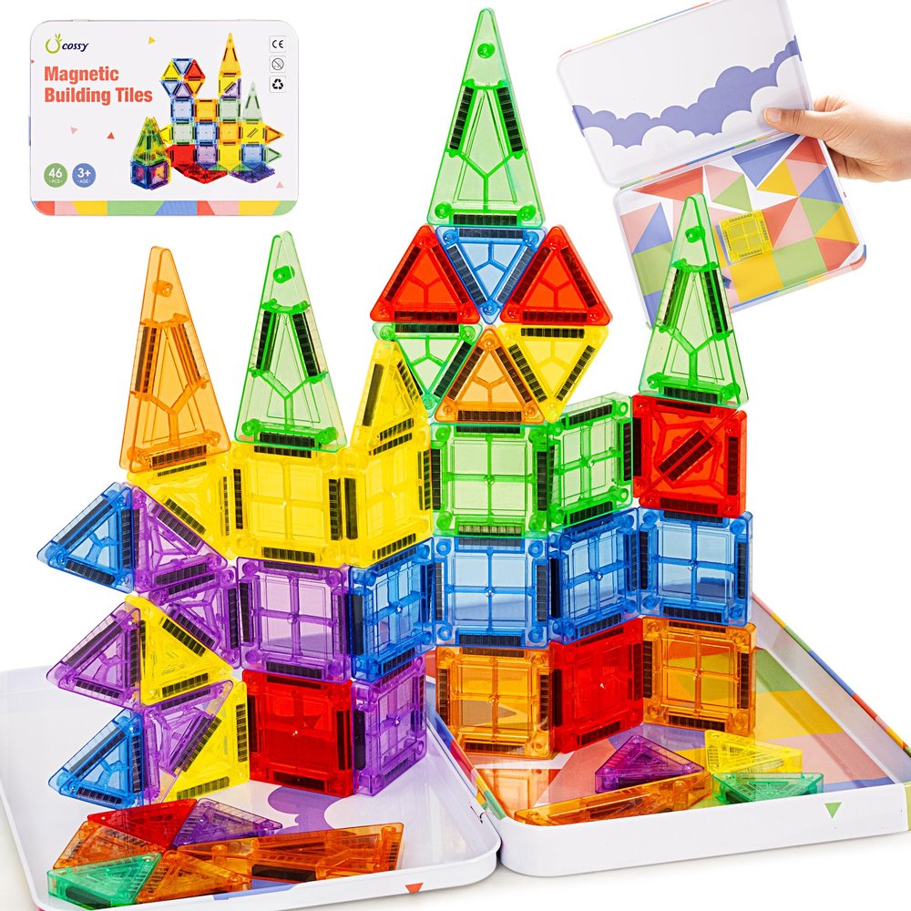 cossy Mini Magnetic Tiles, 46 PCS Magnet Tiles Travel Toys with Iron Box, Travel Magnetic Tiles for Restaurant, Car & Plane Play, Toys for 3 4 5 6 7 8 Year Old Boy and Girl